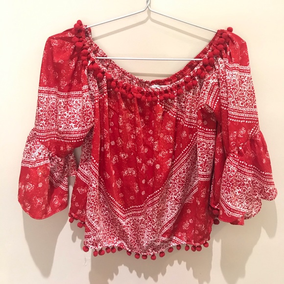 Tularosa Alexa Red Pompom Off-the-shoulder Top - Picture 3 of 5